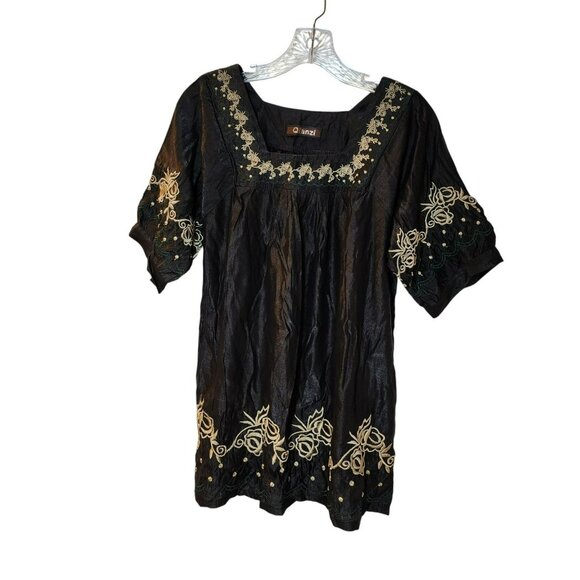 Qianzi 2pc Set L Black Tan Embroidered 65/35 Cotton Blend Desi Fusion Ethnic - Picture 6 of 13